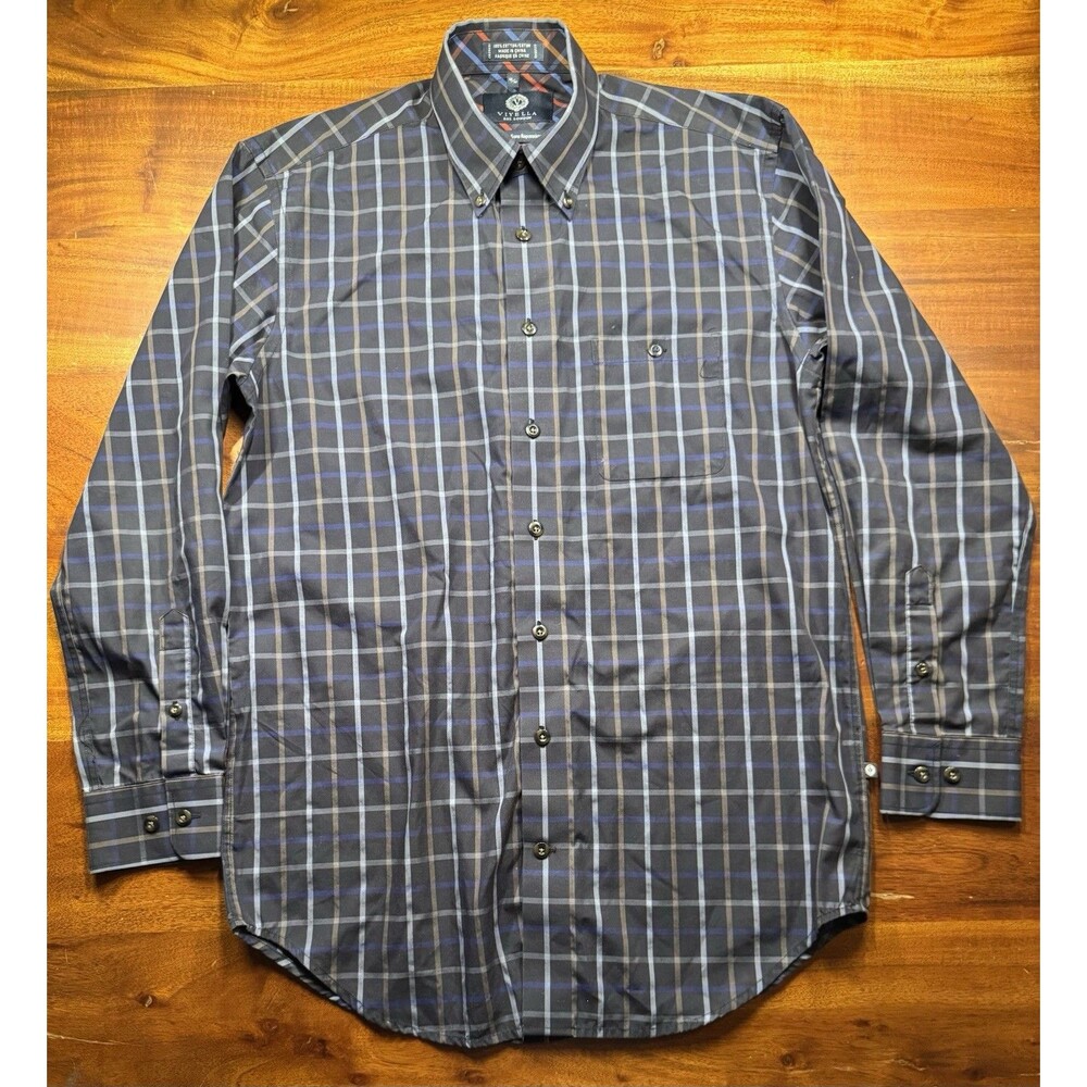 Viyella London Men Medium Button Down Shirt Plaid No Iron Cotton Long Sleeve